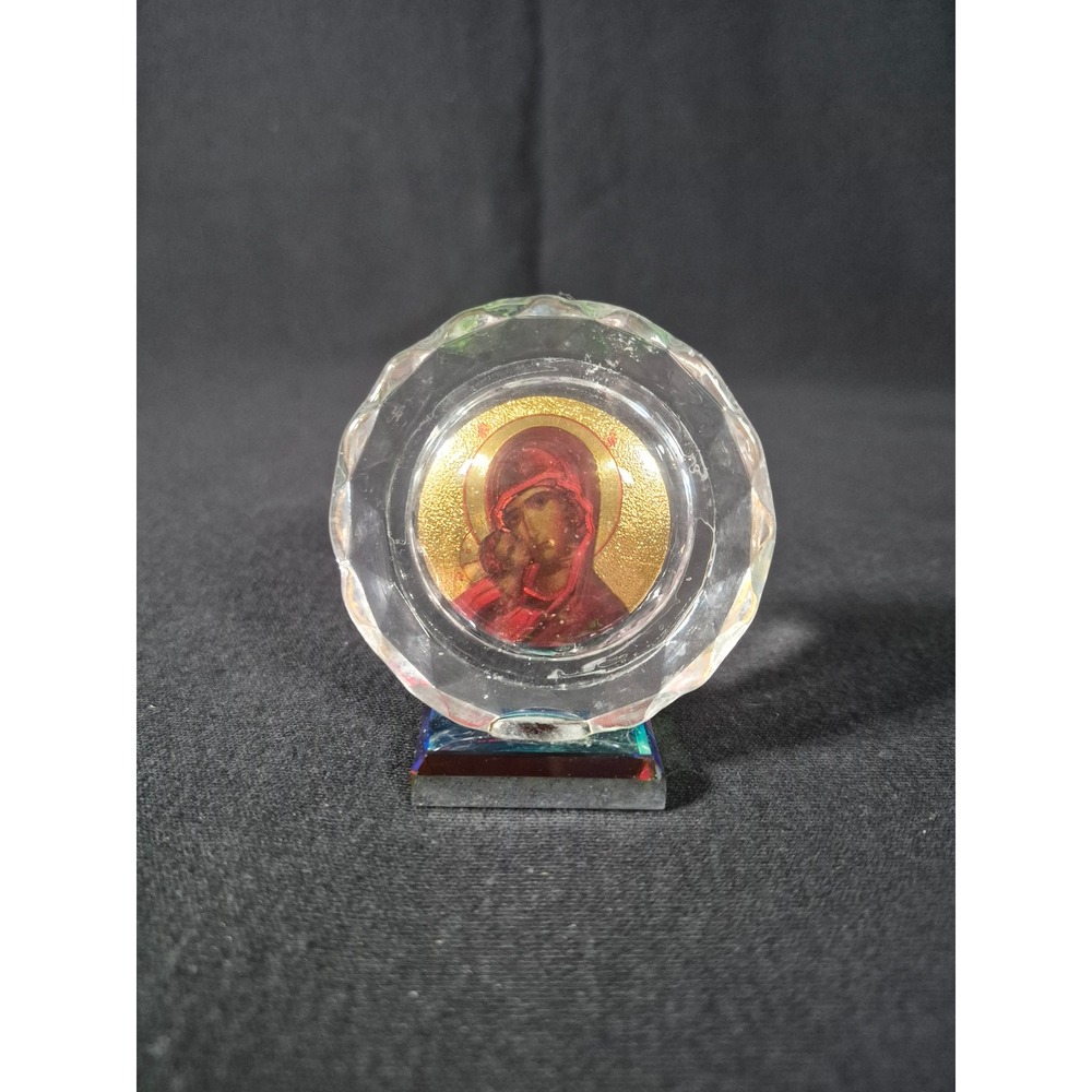 Religious Glass Standing Icon Virgin Mary & Child Gold Tone Faceted Paperweight